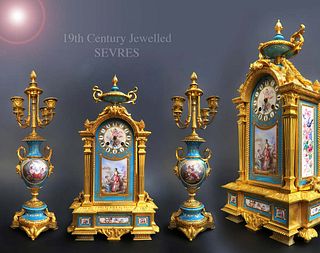 19th C. French Sevres Hand Painted Porcelain Ormolu Jeweled Clock set