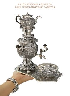 A Persian Isfahan Silver 84 Hand Chased Miniature Samovar Set, Signed