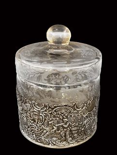 19th C. German Engraved Sterling Silver Glass Candy Dish, Hallmarked