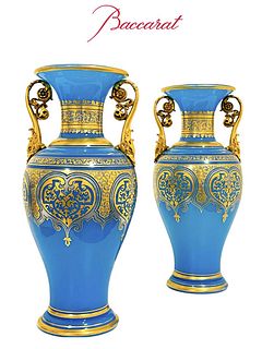 A Pair Of Museum Quality 19th C. Baccarat Blue Opaline Bronze Vases