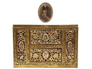 A Persian Qajar Hand Painted Naser al-Din Shah Portrait Wooden Gold Leaf Box