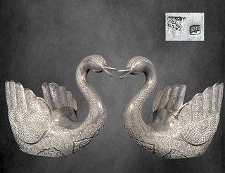 A Pair Of Persian Isfahan Silver 84 Swans, Signed By Ahmad Jozdan