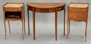 Three piece lot to include a pair of Louis XV marble top bedside tables, early to mid-20th century (one marble as is) and a half rou...