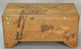 Camphorwood Chinese chest with three dimensional carvings, marked: made Esp. for David Gill & Co. Panama (minor chip in front) ht. 1...
