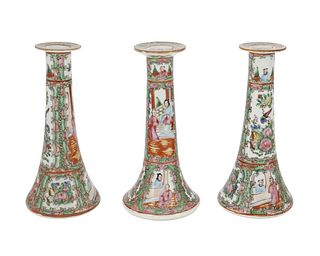 Three Chinese Rose Medallion porcelain candlesticks