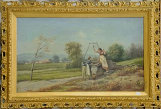 Two oil on canvas landscapes including two girls at a well signed F. Lauring (14" x 24") and a landscape signed AM Severance 1885 (9...