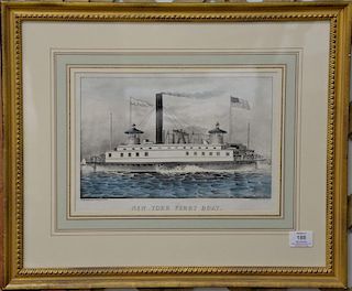 Currier & Ives hand colored lithograph "New York Ferry Boat" with American flag, sight size 9" x 13".