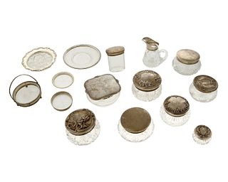 A group of sterling silver and glass vanity items