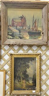 Two oil on canvas paintings including harbor scene in driftwood frame (20" x 24") and Victorian lakeside landscape with two women (2...