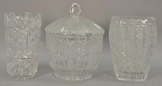 Three large cut glass pieces including a large covered tureen and two vases. tureen: ht. 12in., vases: ht. 10" & 9 3/4"