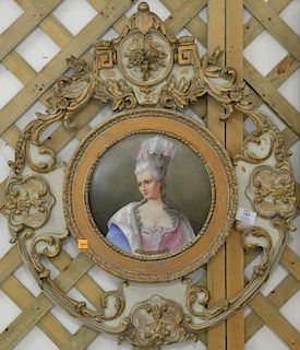 Painting on porcelain plaque, Mme De Pompadour in carved wood frame, 27" x 23".