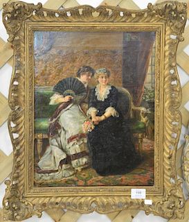 Victorian interior oil on canvas painting of two women gossiping, unsigned, 16 1/2" x 13 1/2"
