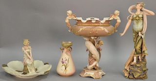 Four porcelain painted pieces to include an urn, compote, serving dish, and tall figure of a woman. ht. 7in. to 16in.