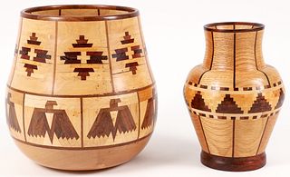 2 George Diller Native American Inspired Wood Vases