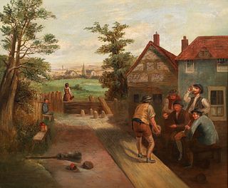 19th Century Continental School oil The Skittles Players