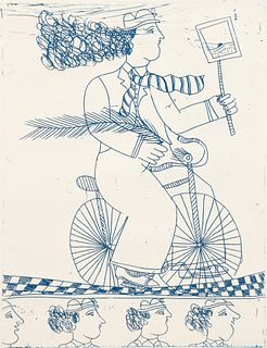 Alekos Fassianos signed etching Man on Bicycle