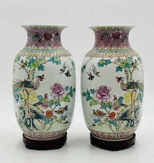 Matched Pair of Chinese Jingdezhen Famille Rose Porcelain Vases