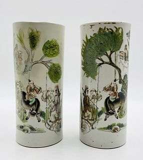 Asian Porcelain Cylinder Vases,  Figures in Landscape