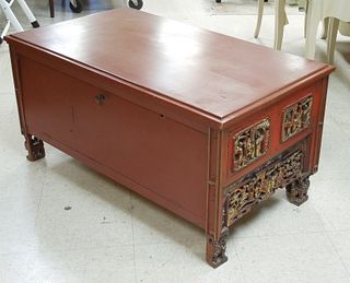 Oriental Red Lacquer & Gilt Single Door Chest.