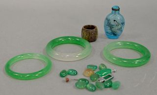 Group of Oriental jewelry to include three jadeight bracelets, reverse painted snuff bottle, hardstone ring, and a small group of ja...
