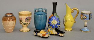 Eight miniature pieces including Doulton Lambeth stoneware vase, blue glazed vase, Royal Goedewaagen vase and shoes, Nippon hand pai...