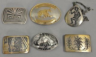Group of six sterling and silver to include Southwestern Indian pieces, Siskiya horse bucklet, medicine man marked sterling H, sterl...