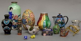Group of enameled and cloisonne pieces to include two enameled egg charms, miniature cloisonne vase, teapot and box, enameled large ...