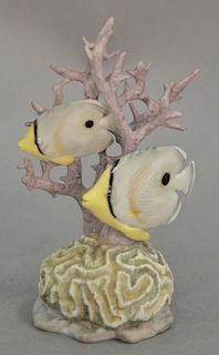Royal Worcester porcelain four eyed fish figurine by Van Ruychevelt, coral with two fish hand painted. ht. 5 1/4in.