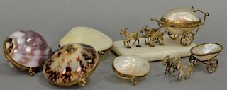 Six seashell trinket boxes incluiding 2 shell carriages lead by goats (lg. 5in.) and four trinket boxes.
