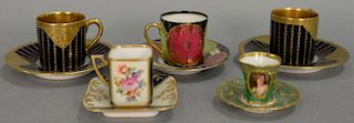 Five miniature porcelain cups and saucers including Dresden portrait cup and saucer, pair of Hutschenreuther Hohenberg cups (ht. 2in...
