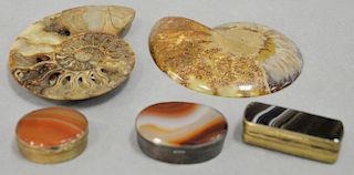 Four piece lot to include three silver and agate snuff boxes (one mounted with silver) and a large petrified shell fossil specimen i...