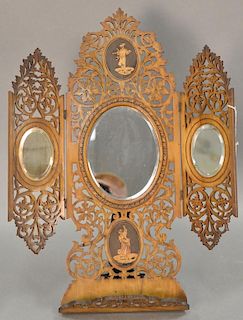 European reticulated carved dresser mirror with inlaid plaques and folding panels. ht. 22 1/2in.