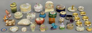 Two tray lots with boxes, trinket and pill boxes, salts, etc. including two Coralene pieces, Dresden box, Lenox shell box, Estee Lau...