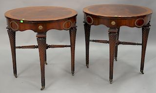 Pair of mahogany round tables with banded inlaid tops. ht. 28in., dia. 27in.