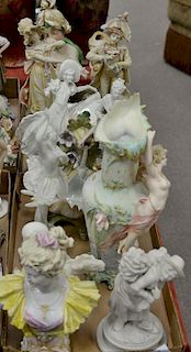 Two tray lots with porcelain and ceramic figures and figural vases.