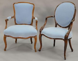 Two Louis XV style armchairs with blue upholstery in excellent condition.