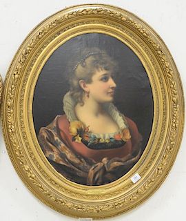 J. Rich oil on canvas Victorian oval bust of a woman "An Austrian Beauty", marked on plaque: J. Riche, signed on bottom, 27" x 22".