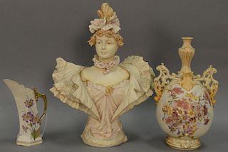 Three Rudolstadt porcelain pieces including figurine hand painted bust of a woman (ht. 16in.), large hand painted ewer or vase (ht. ...