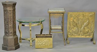 Four piece brass and metal group to include embossed pedestal, embossed brass magazine holder, fire screen, and half round table wit...