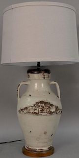 Stoneware jug made into a table lamp with applied decoration (drilled). jug ht. 16in.