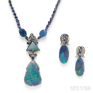14kt White Gold, Black Opal, and Sapphire Suite