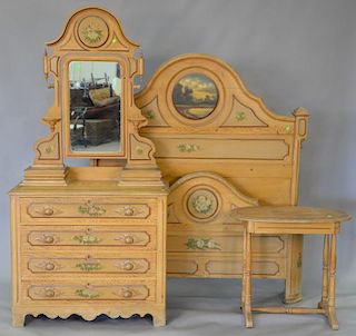 Victorian cottage pine three piece bedroom set with original paint and stenciling, circa 1880. bed: ht. 67in. chest: ht. 80in.