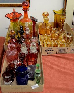 Three box lots of art and cut glass to include amber cut to clear glass decanters, bottles, and vases.