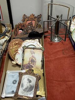 Three box lots to include 11 frames and picture frames including a Tizo enameled jeweled frame, brass frames, three wood frames, rev...