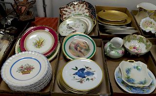 Five box lots with porcelain plates, set of 9 D'arceau Limoges, Selb Bavaria bird plates, Copeland Spode plates, etc.
