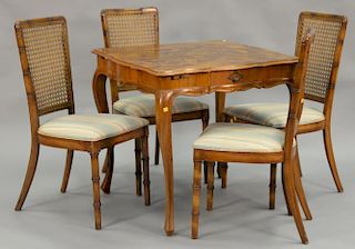 Burlwood five piece games table and chairs. ht. 30in., top: 32" x 32"