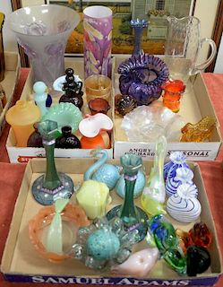 Three box lots of art glass to include vases, carnival glass, Pairpoint birds, etc.