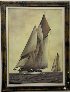 Two large contemporary prints on board sailing vessel and sunset landscape (22" x 32").