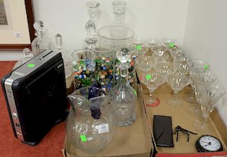 Five box lots of glass and crystal to include stems, five decanters, three vases with marbles, wine bucket, and two covered compotes.