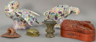 Group of Asian items to include a pair of Japanese enameled painted birds (lg. 12"), small bronze censor, heavy bronze scarab, and a...